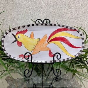🐔Vintage🐔 Hand Painted Running Rooster Pottery Tray/Platter